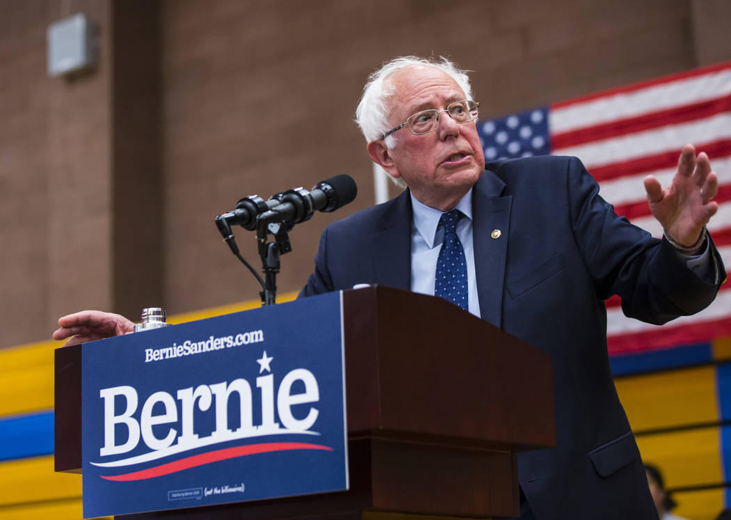 Democratic presidential candidate Sen. Bernie Sanders, I-Vt., speaks during a town hall event a ...