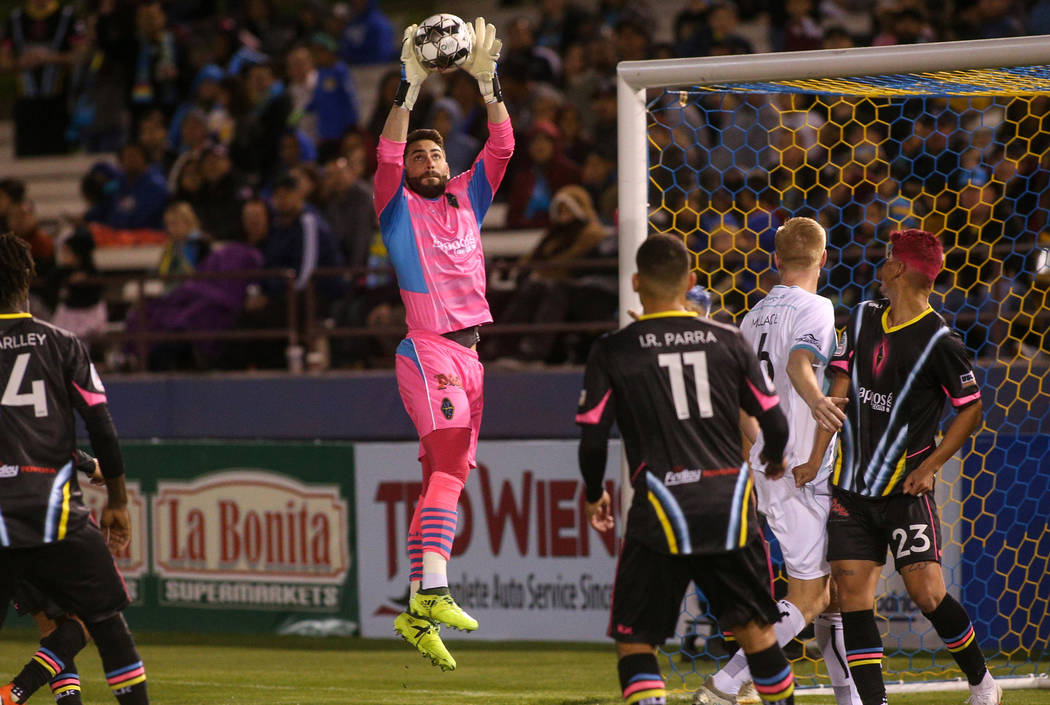 Las Vegas Lights FC goalkeeper Thomas Olsen (1) catches the ball during the second half of a Un ...
