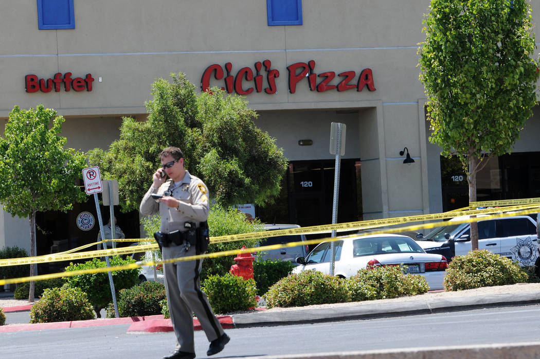 The scene at Cicis Pizza near Nellis Boulevard and Stewart Avenue, where two Las Vegas police o ...