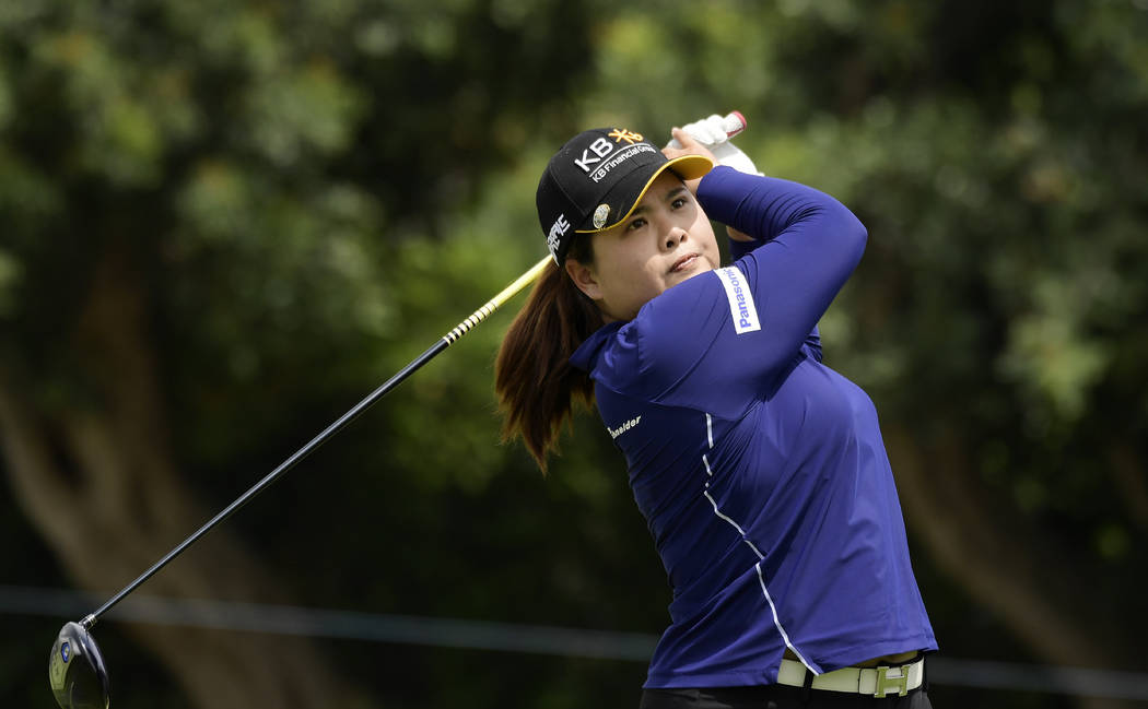 Inbee Park, of South Korea, tees off on the sixth hole during the third round of the Hugel-Air ...
