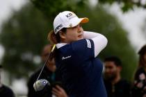 Inbee Park, of South Korea, tees off on the fifth hole during the final round of the Hugel-Air ...