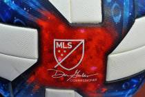 Detailed view of MLS logo on a soccer ball during an MLS soccer game between the New York City ...