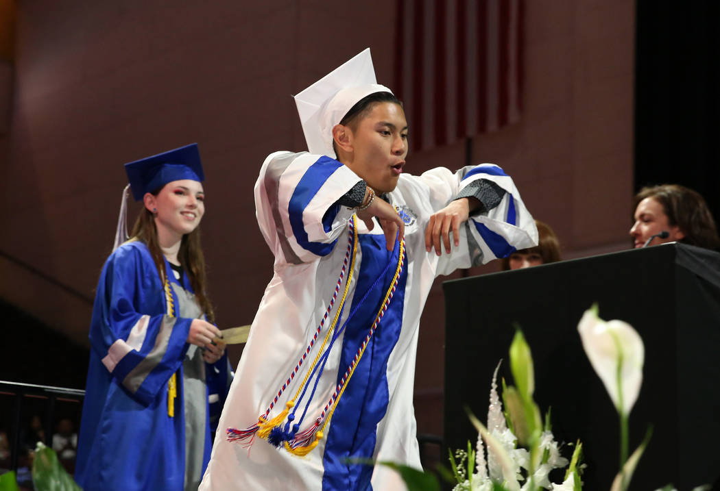 College of Southern Nevada High School student Carl Tiglao shows off his dance moves as he prep ...