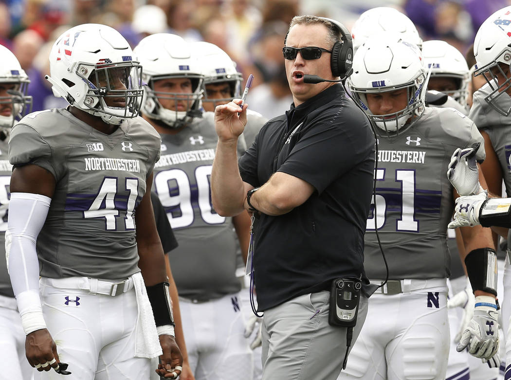 FILE - In this Saturday, Sept. 8, 2018, file photo, Northwestern coach Pat Fitzgerald speaks wi ...