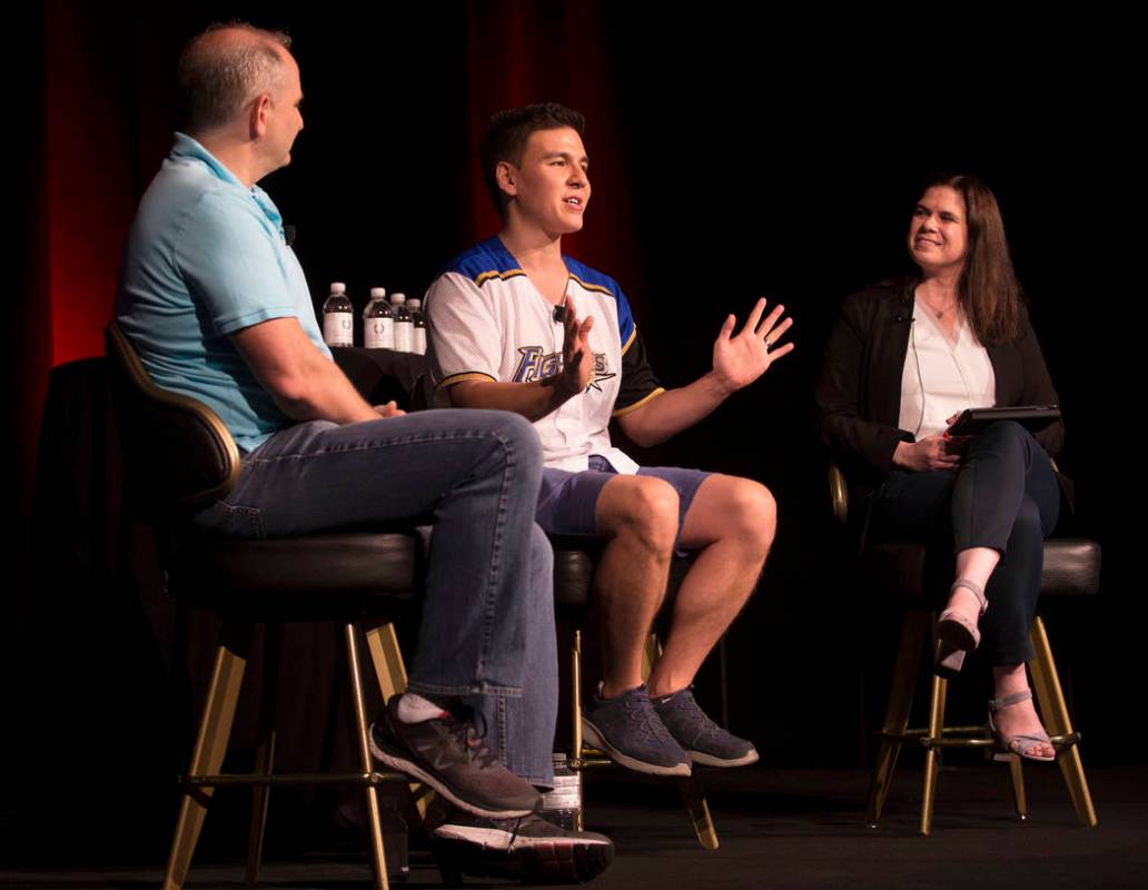 Andy Bloch, left, former member of the MIT blackjack team, “Jeopardy!” champion James Holzh ...