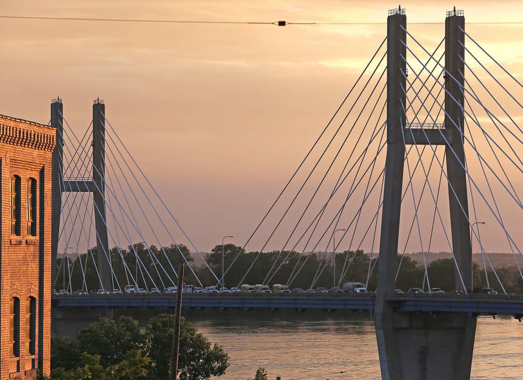 Traffic gets backed up on the Bayview Bridge as vehicles are rerouted in Quincy, Ill., Thursday ...