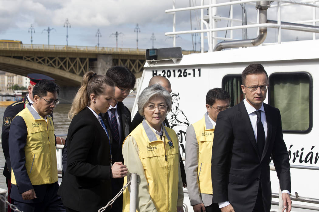 Kang Kyung-wha, center, foreign minister of South Korea, together with her Hungarian counterpar ...