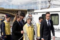 Kang Kyung-wha, center, foreign minister of South Korea, together with her Hungarian counterpar ...
