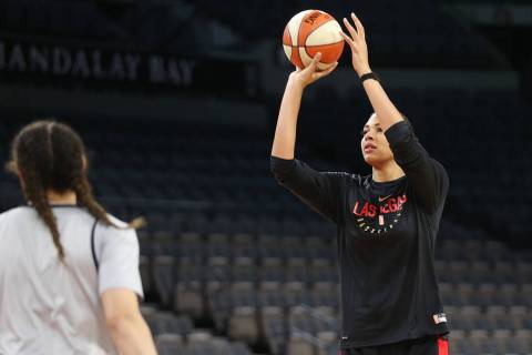 Las Vegas Aces' Liz Cambage shoots the ball during a team practice at Mandalay Bay Events Cente ...