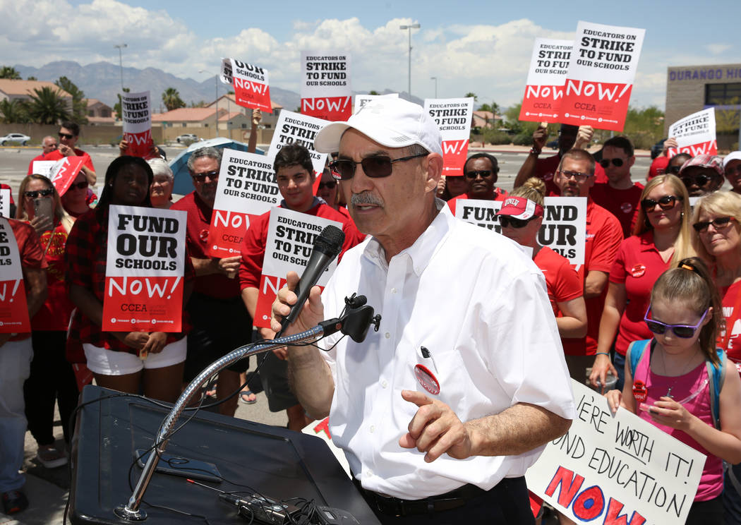 John Vellardita, the Clark County Education Association executive director, speaks as about 50 ...