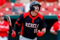 FILE - In this Sunday, May 5, 2019, file photo, UNLV's Bryson Stott (10) watches the ball durin ...