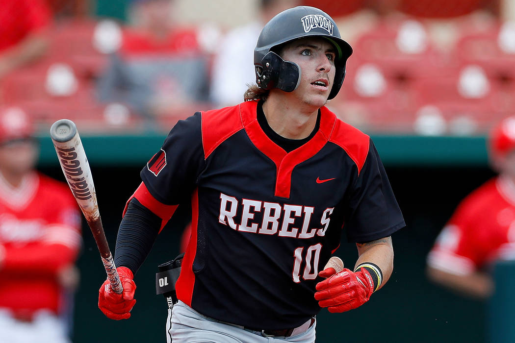 FILE - In this Sunday, May 5, 2019, file photo, UNLV's Bryson Stott (10) watches the ball durin ...