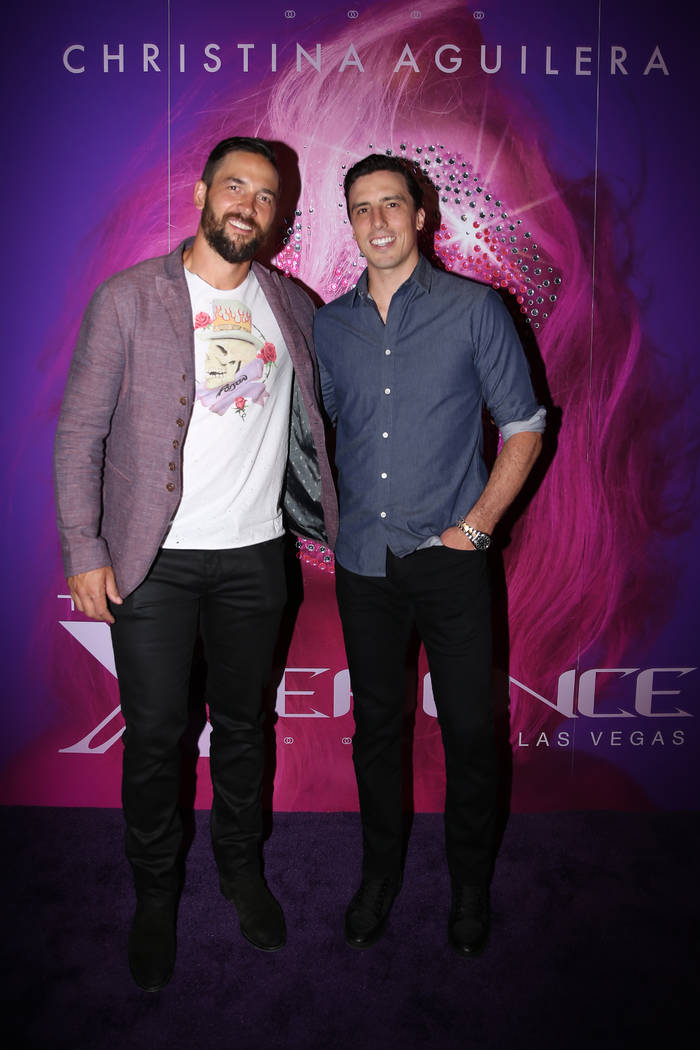 Vegas Golden Knights players Deryk Engelland, left, and Marc-Andre Fleury, on the red carpet fo ...