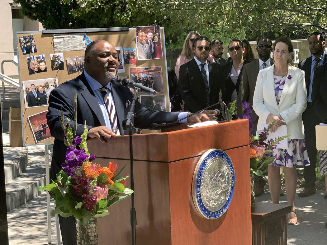 Assembly Speaker Jason Frierson, D-Las Vegas, speaks Saturday at the memorial for Assemblyman T ...