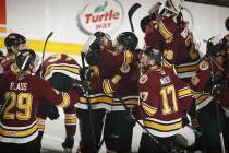 Chicago Wolves players celebrate after defeating the San Diego Gulls on May 27. (Chicago Wolves)