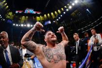 Andy Ruiz gestures to fans after a heavyweight title boxing match against Anthony Joshua on Sat ...