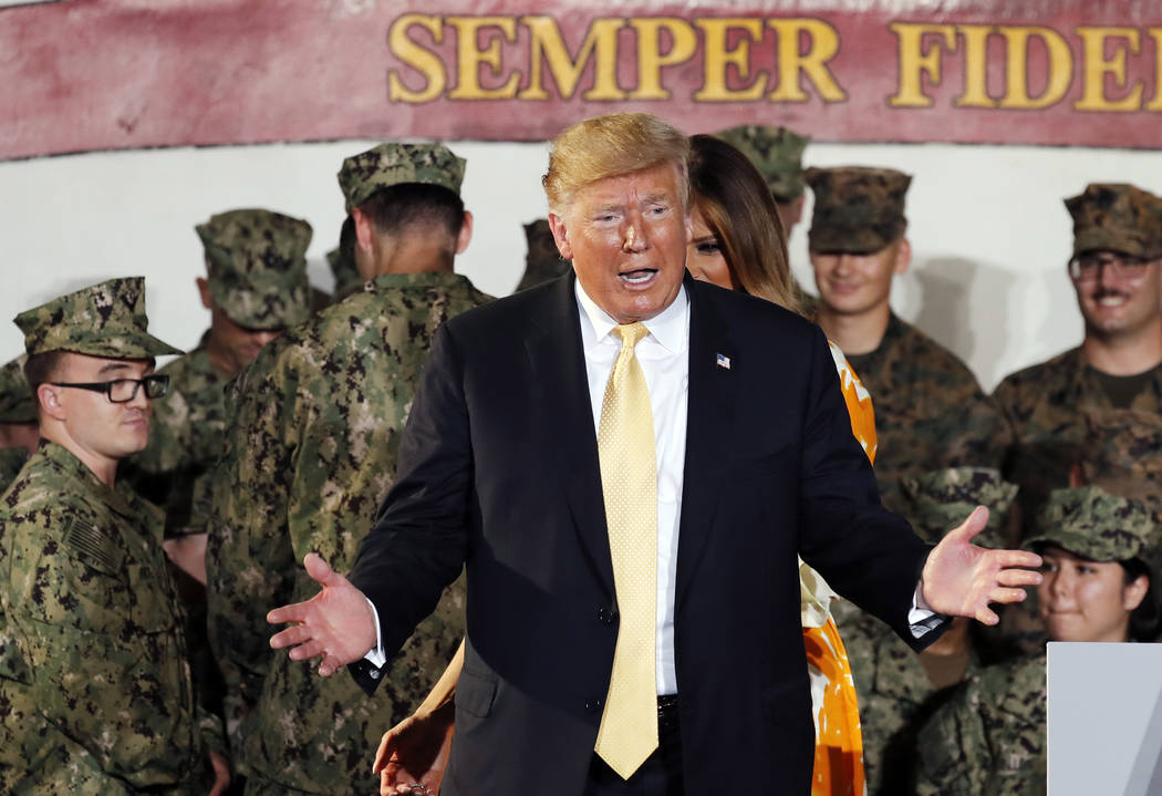 U.S. President Donald Trump speaks to U.S. servicemen at U.S. Navy multipurpose amphibious assa ...