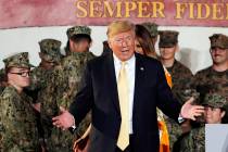 U.S. President Donald Trump speaks to U.S. servicemen at U.S. Navy multipurpose amphibious assa ...