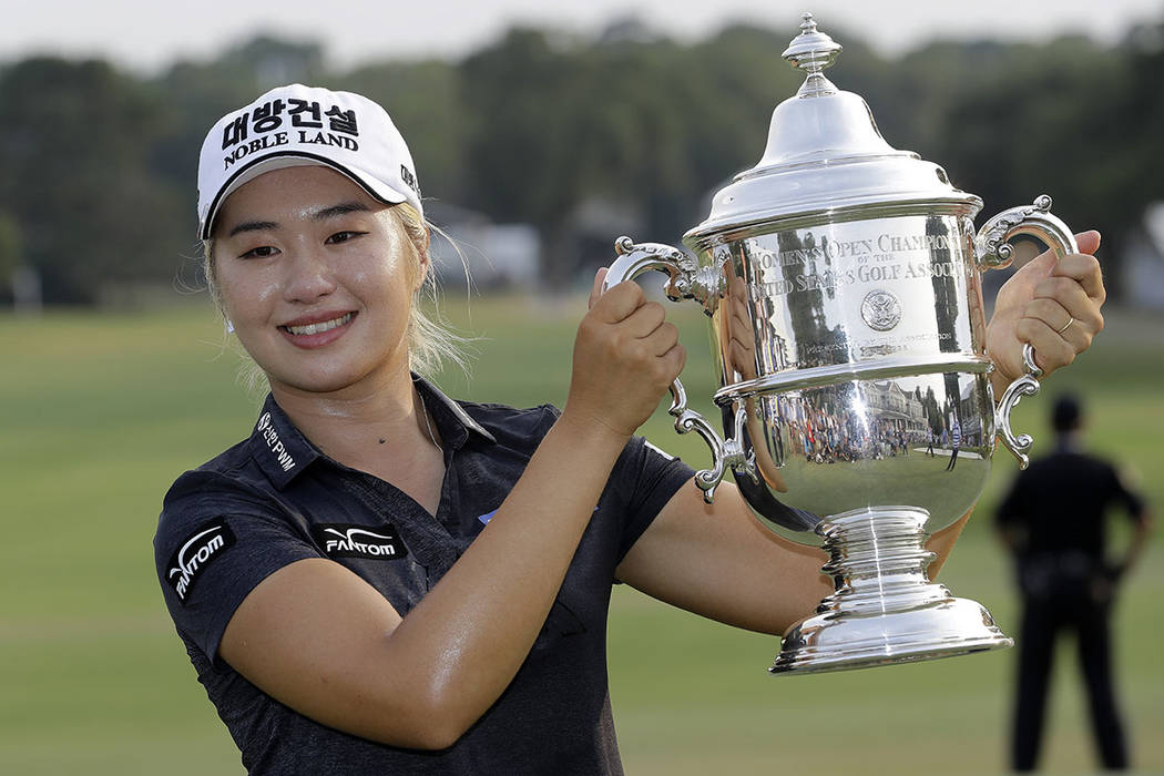 Jeongeun Lee6 of South Korea, holds the championship trophy after winning the final round of th ...