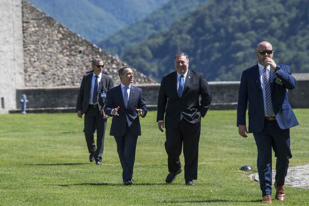 U.S. Secretary of State Mike Pompeo, center right, and Swiss Foreign Minister Ignazio Cassis, c ...