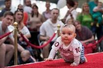 A baby crawls during the Baby Race event to mark international Children's Day in Vilnius, Lithu ...