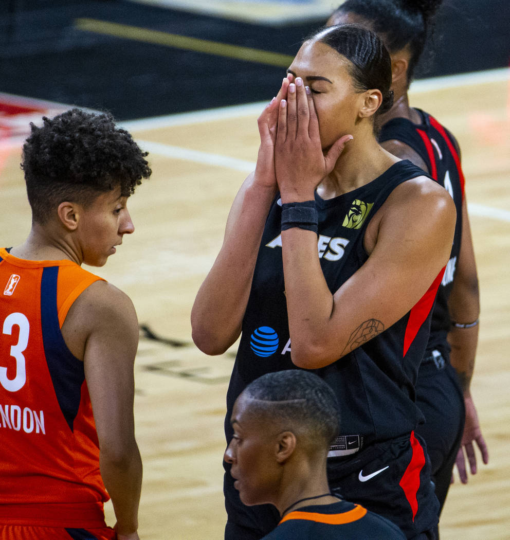 Las Vegas Aces center Liz Cambage (8) takes a moment at the foul line versus the Connecticut Su ...