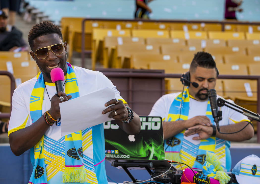 Las Vegas Lights FC hype man Robert "Bojo" Ackah keeps the fans informed on the day's events wi ...