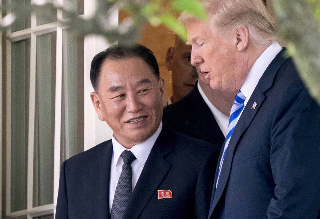 U.S. President Donald Trump, right, talks June 1, 2018, with Kim Yong Chol, former North Korean ...