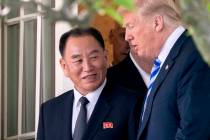 U.S. President Donald Trump, right, talks June 1, 2018, with Kim Yong Chol, former North Korean ...