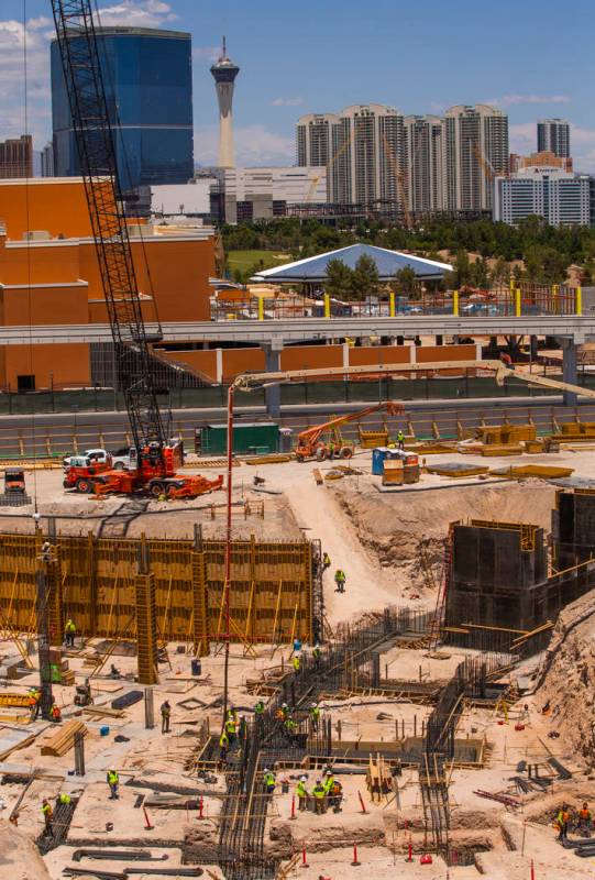 Construction workers lay and pour tie beams continues for the MSG Sphere at their Venetian buil ...