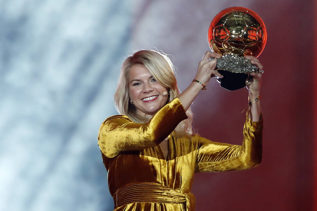 FILE - In this Dec. 3, 2018, file photo, Olympique Lyonnais soccer player Ada Hegerberg celebra ...