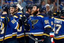 St. Louis Blues center Ryan O'Reilly (90) celebrates after the Blues beat the Boston Bruins in ...