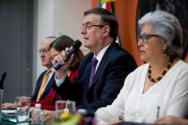 Mexican Foreign Affairs Secretary Marcelo Ebrard, center, speaks at a news conference at the Me ...