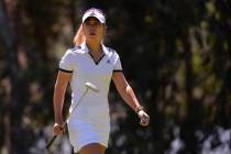 Danielle Kang looks on from the first green during the final round of the Kia Classic LPGA golf ...