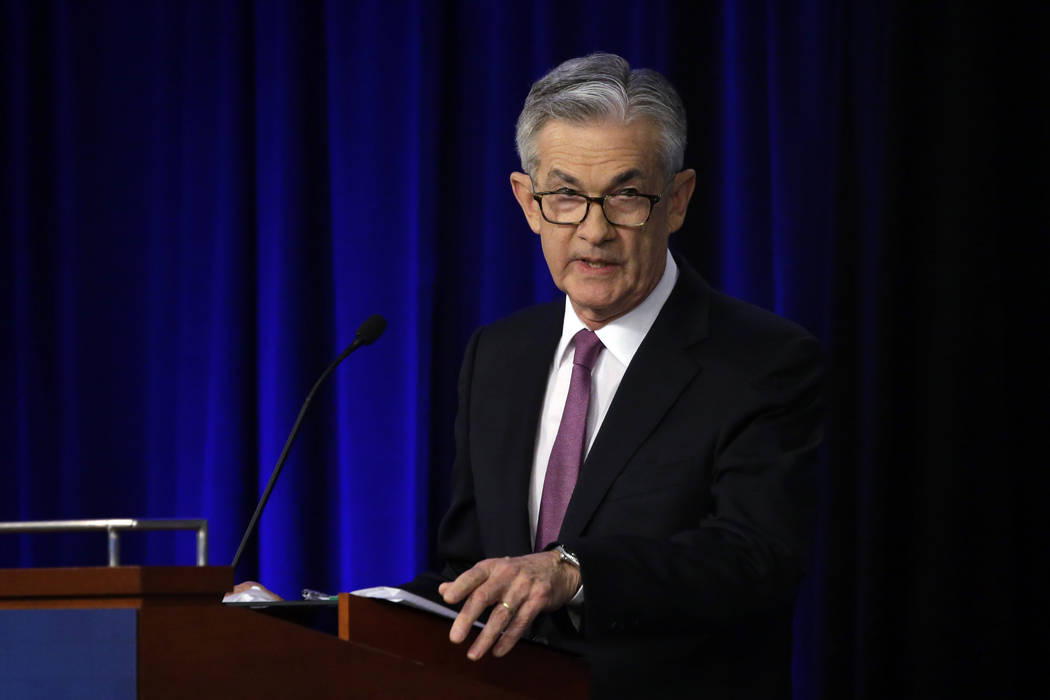 Federal Reserve Chairman Jerome Powell speaks at a conference involving its review of its inter ...