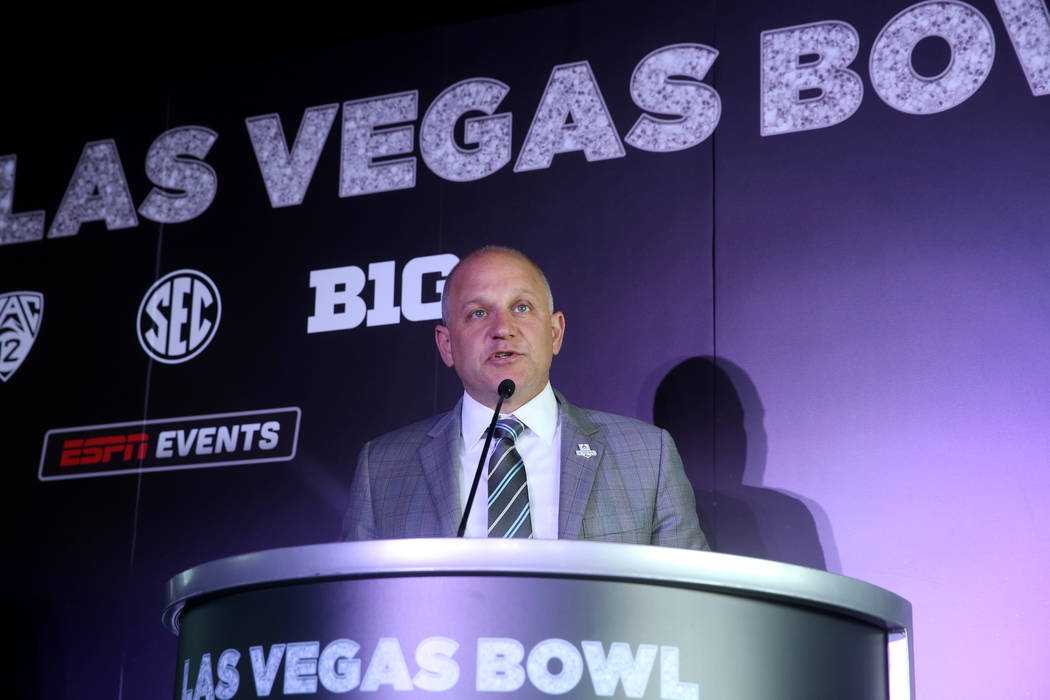 Raiders President Marc Badain during announcement for the Mitsubishi Las Vegas Bowl during a ne ...