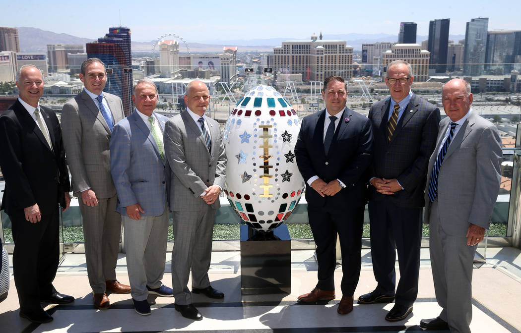 Steve Hill, CEO and president of the Las Vegas Convention and Visitors Authority, from left, Pa ...