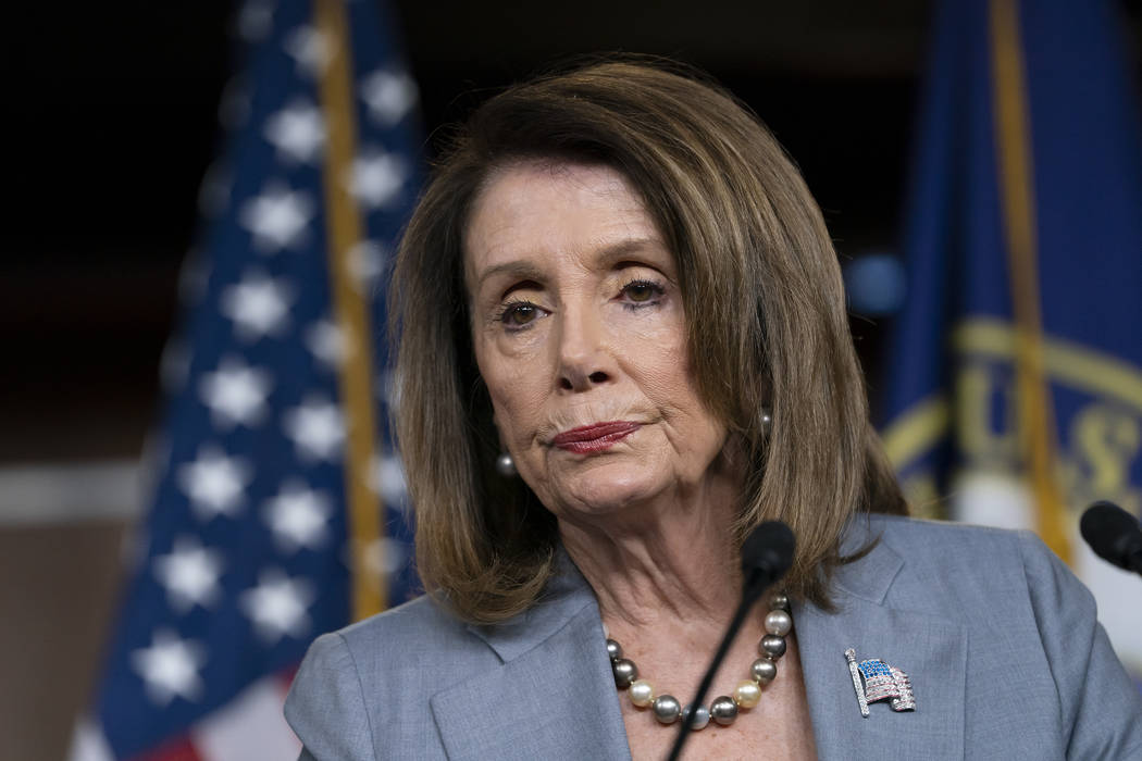 FILE - In this May 9, 2019, Speaker of the House Nancy Pelosi, D-Calif., meets with reporters t ...