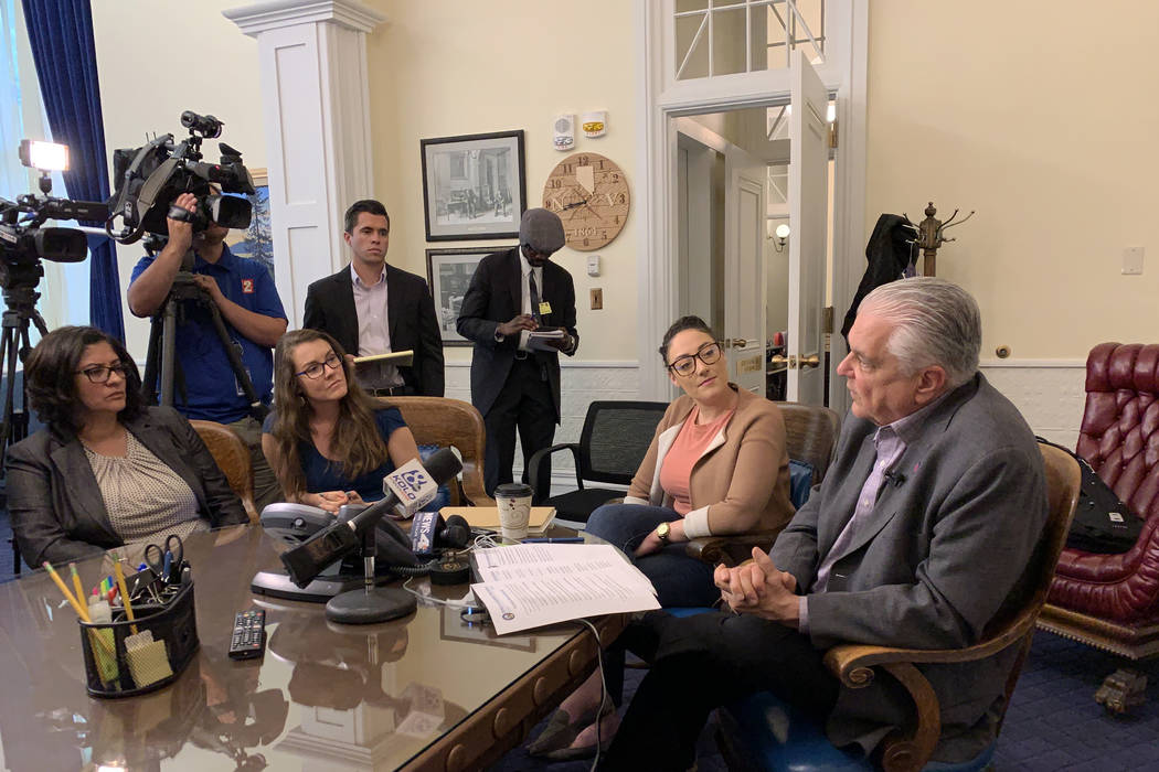 Gov. Steve Sisolak spoke to reporters for about 30 minutes on Tuesday, June 4, 2019, following ...