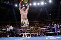 Andy Ruiz celebrates after stopping Anthony Joshua during the seventh round of a heavyweight ch ...