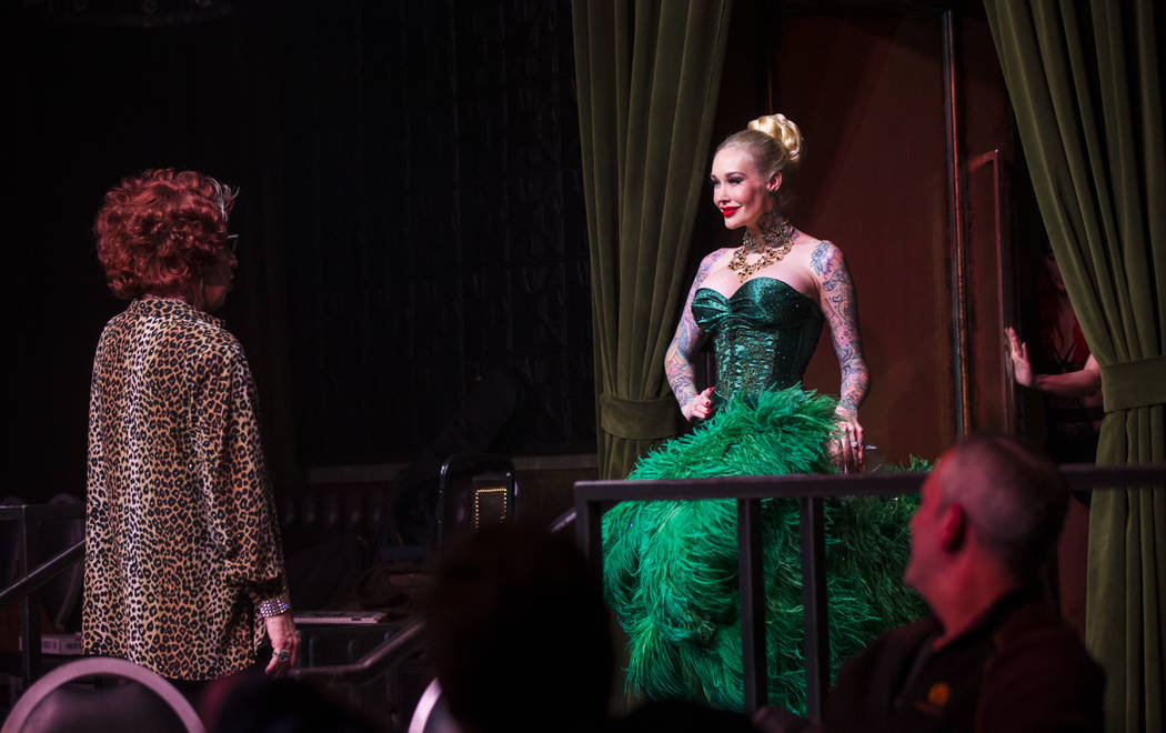 Michael Airington performs as Ester Goldberg, left, with Sabina Kelley during a dress rehearsal ...