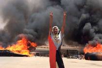 A protester flashes the victory sign in front of burning tires and debris on road 60, near Khar ...