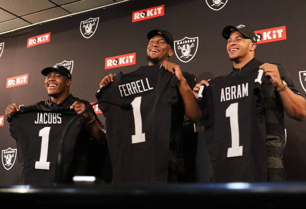 The Oakland Raiders first-round picks from the 2019 NFL Draft: running back Josh Jacobs, left, ...