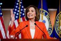 House Speaker Nancy Pelosi of Calif. meets with reporters at the Capitol in Washington, Wednesd ...