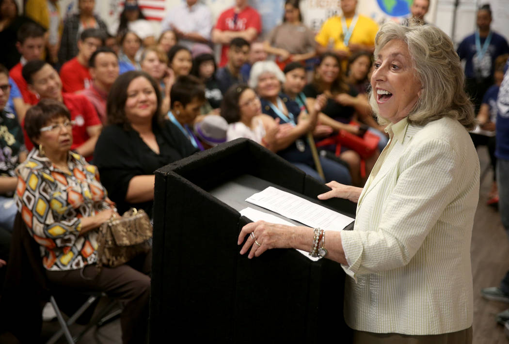 Rep. Dina Titus, D-Nev., speaks during a news conference in Las Vegas Friday, June 7, 2019, to ...