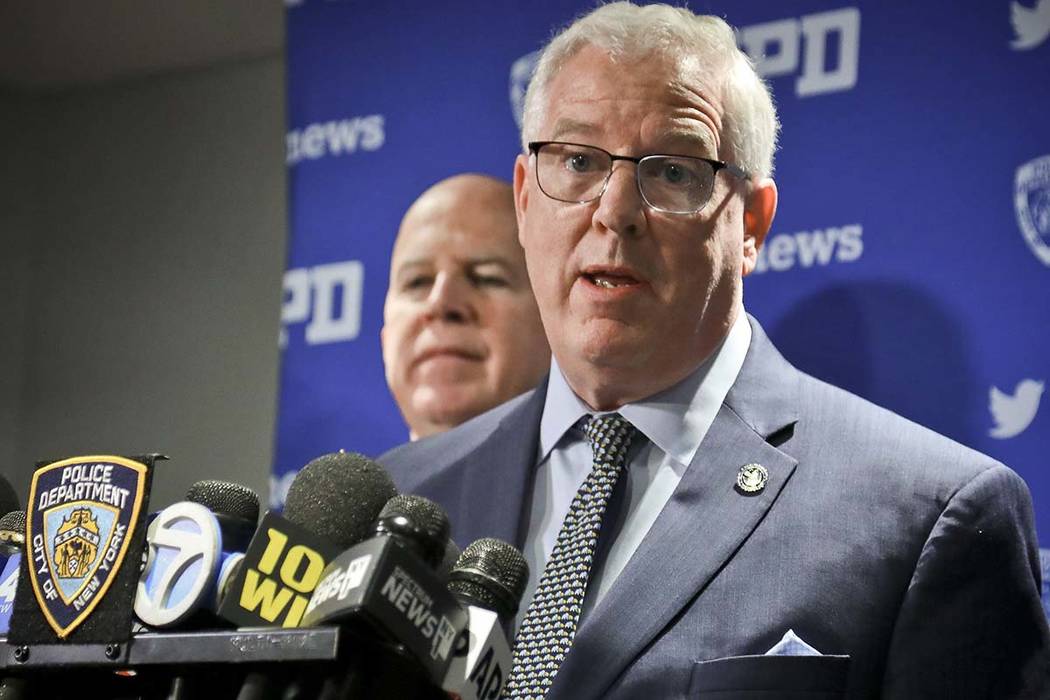 In a Thursday April 18, 2019 file photo, New York Police Commissioner James O'Neill, left, and ...