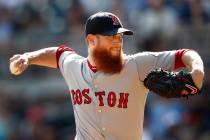 In this Sept. 3, 2018, file photo, Boston Red Sox relief pitcher Craig Kimbrel works against th ...
