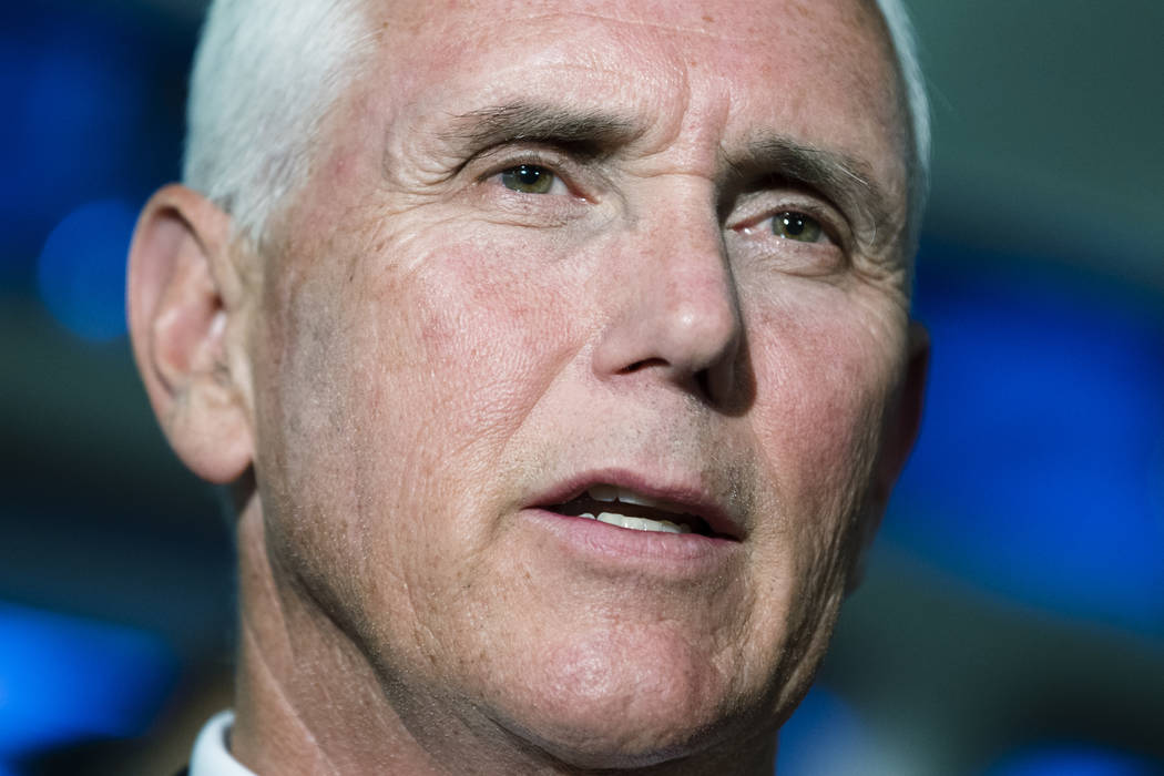 Vice President Mike Pence speaks with members of the media at JLS Automation in York, Pa., Thur ...