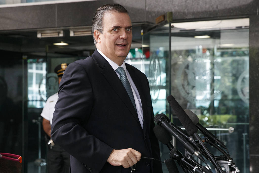 Marcelo Ebrard, Mexico's Secretary of Foreign Affairs, speaks to the media as he leaves a meeti ...