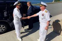 FILE - In this June 12, 2018, file photo, Adm. John Richardson, left, chief of naval operations ...
